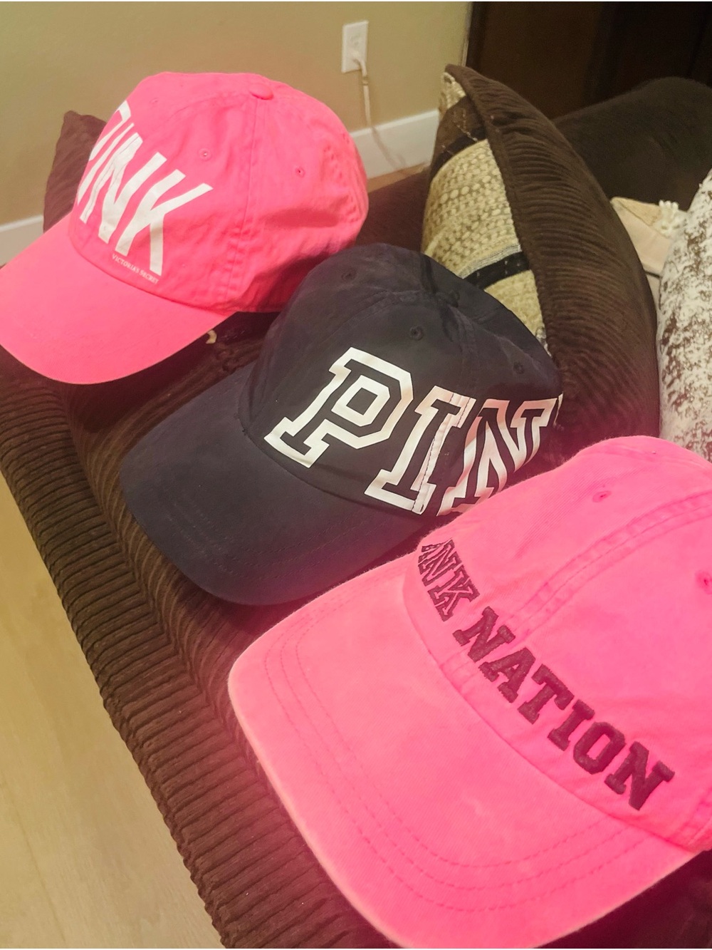 PINK Victoria's Secret Trio of woman’s Caps in Hot Pink and Black